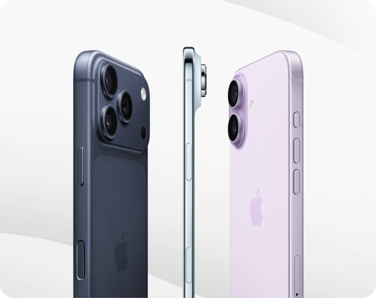 Apple iPhone 17 Pro, 17 Air & iPhone 17 nebeneinander: links dunkel mit Dreifachkamera, Mitte silberne Seitenansicht, rechts lila mit Doppelkamera.