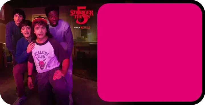 Samsung Galaxy S24, Apple AirPods Pro, Magenta Regenschirm, Stranger Things 5 vor Sternenhimmel