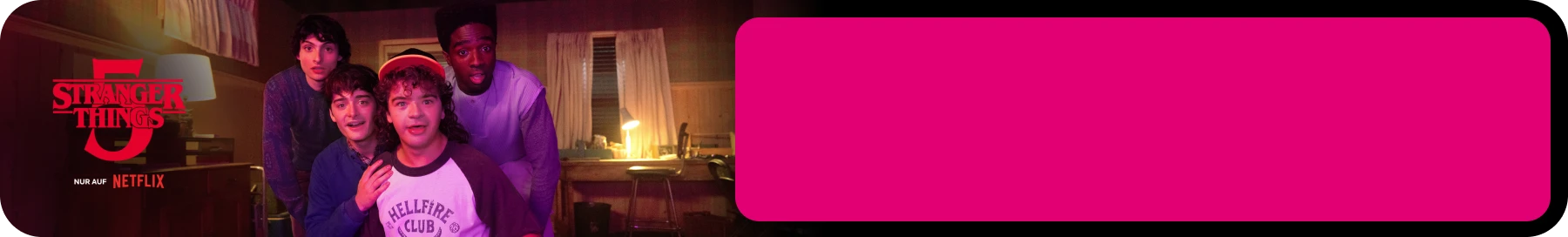 Samsung Galaxy S24, Apple AirPods Pro, Magenta Regenschirm, Stranger Things 5 vor Sternenhimmel