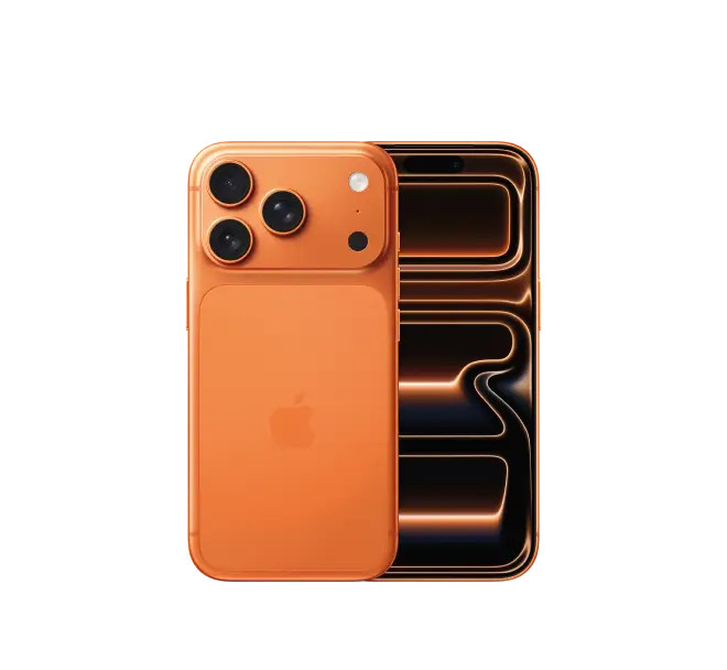 Produktbild eines Apple iPhone 17 Pro. In kosmisch Orange, mit 3 Kamera Linsen.