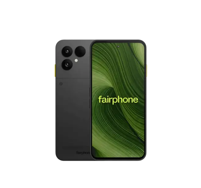 Produktbild eines Fairphone 6. In horizon Schwarz, mit 3 Kamera Linsen.