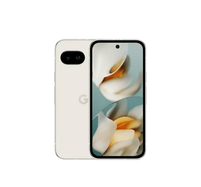 Produktbild eines Google Pixel 9a. In porzellan Weiß, mit 2 Kamera Linsen.