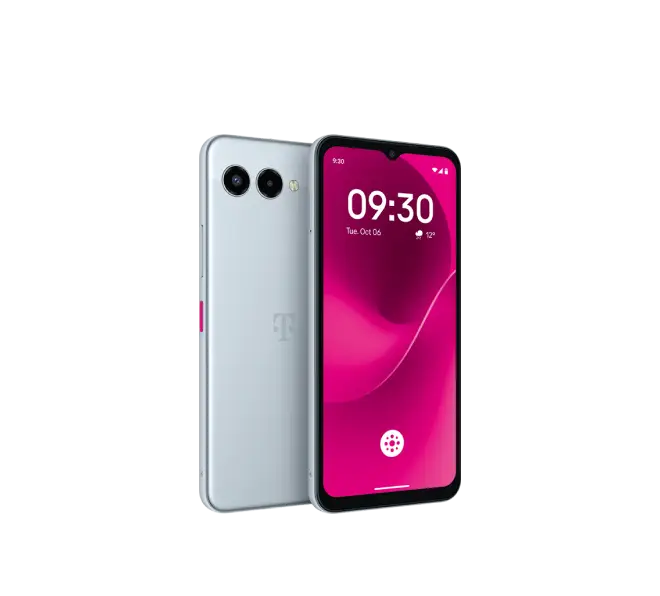 Produktbild eines T Phone 3. In silber, mit 2 Kamera Linsen.