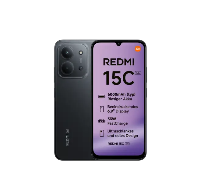 Produktbild eines Redmi 15C. In schwarz, mit 2 Kamera Linsen.