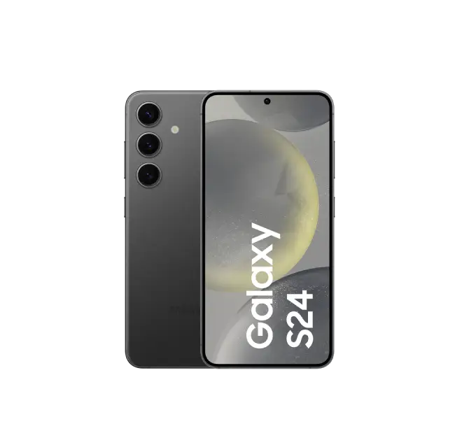 Produktbild eines Samsung Galaxy S24. In onyx Schwarz, mit 3 Kamera Linsen.