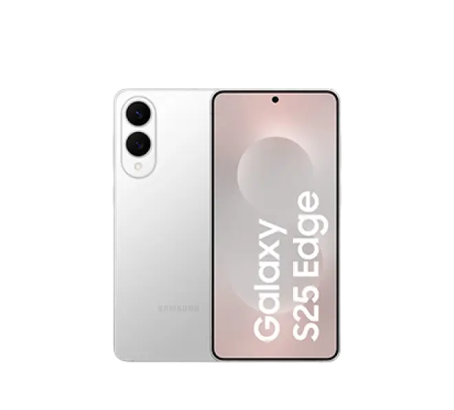 Produktbild eines Samsung Galaxy S25 Edge. In titanium Silber, mit 2 Kamera Linsen.