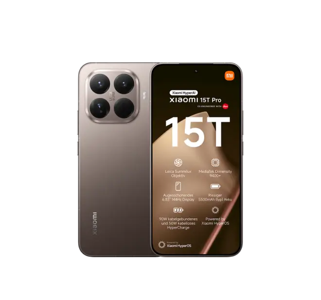 Produktbild eines Xiaomi 15T Pro. In mokka Gold, mit 4 Kamera Linsen.