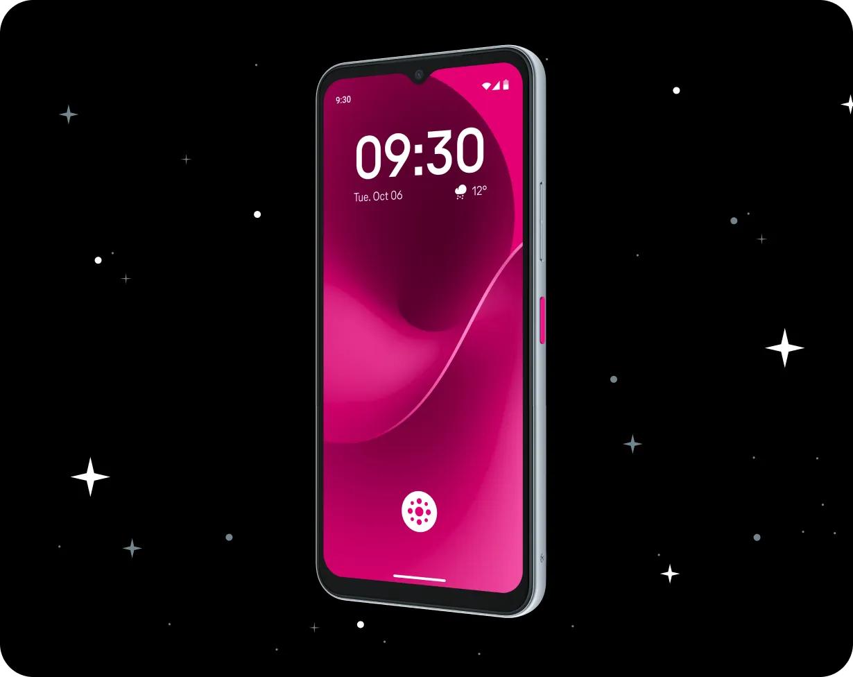 T Phone 3 mit magentafarbenem Display vor schwarzem Sternenhintergrund.