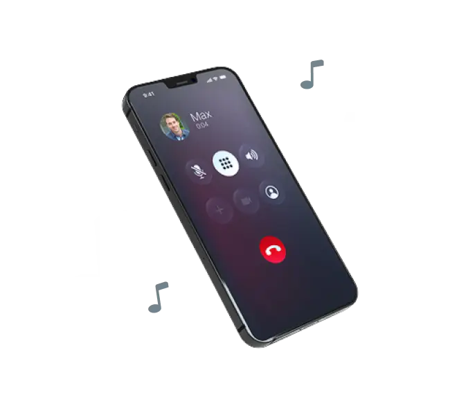 Ein Smartphone das ein Anruf empfängt und Musiknoten im Hintergrund zeigt.