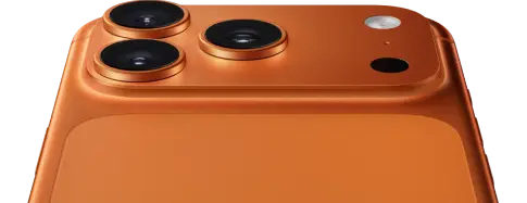 Produktbild des Apple iPhone 17 Pro. In kosmisch Orange, mit 3 Kamera Linsen.