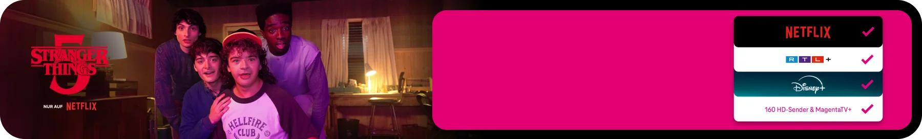 Samsung Galaxy S24, Apple AirPods Pro, Magenta Regenschirm, Stranger Things 5 vor Sternenhimmel, Netflix, RTL+, Disney+ sowie 160 HD-Sender & MagentaTV+ enthalten