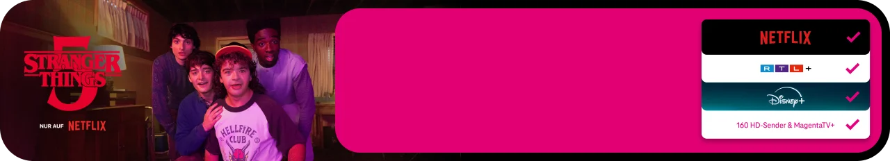 Samsung Galaxy S24, Apple AirPods Pro, Magenta Regenschirm, Stranger Things 5 vor Sternenhimmel, Netflix, RTL+, Disney+ sowie 160 HD-Sender & MagentaTV+ enthalten