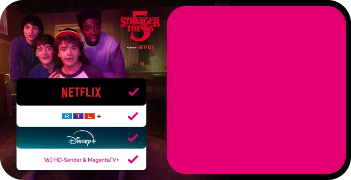Samsung Galaxy S24, Apple AirPods Pro, Magenta Regenschirm, Stranger Things 5 vor Sternenhimmel, Netflix, RTL+, Disney+ sowie 160 HD-Sender & MagentaTV+ enthalten