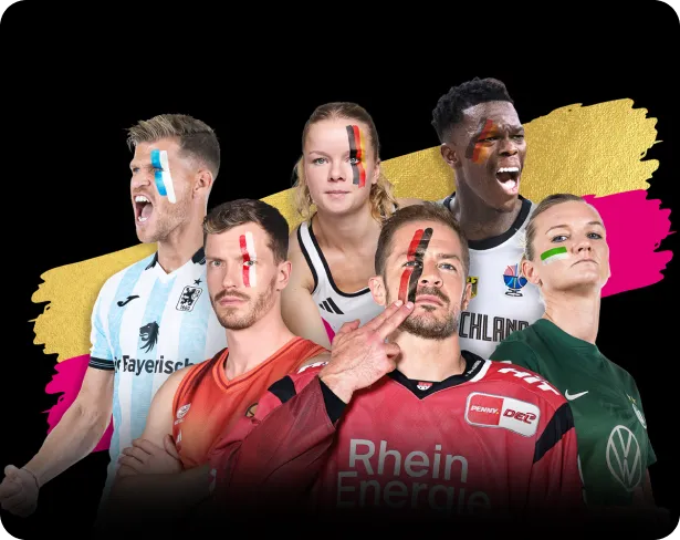 Sechs Athleten unterschiedlicher Sportarten in verschiedenen Vereins- und Nationaltrikots vor schwarzem Hintergrund mit pink-goldenem Pinselstrich.