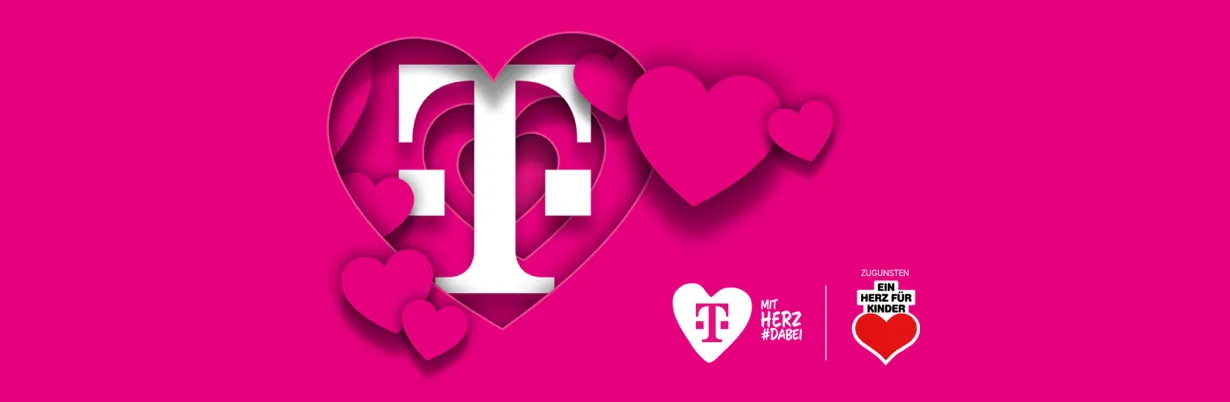 Magenta Herz-Grafik mit weißem Telekom-T; Text: Mit Herz #Dabei; zugunsten Ein Herz für Kinder.