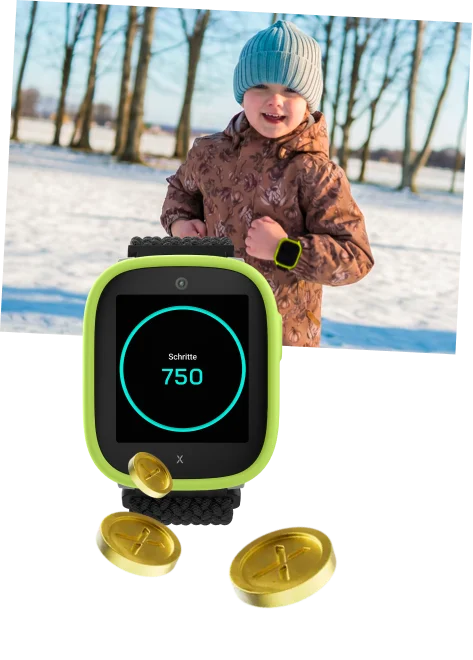 Xplora Schrittzähler zeigt 450 Schritte und sammelt damit Xplora Coins