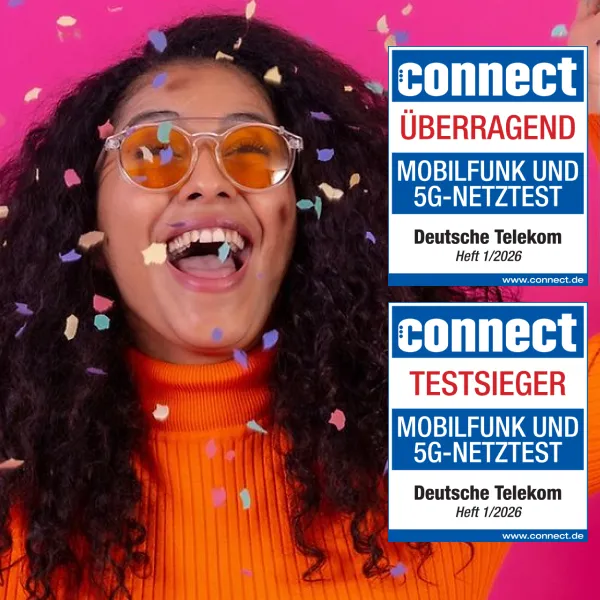 Bild mit einer feiernden Frau und vom Magazin CONNECT die Bewertung 'überragend' im Mobilfunk und 5G-Netztest und die Auszeichnung als Testsieger im Mobilfunk und 5G-Netzest im Heft 01/2026