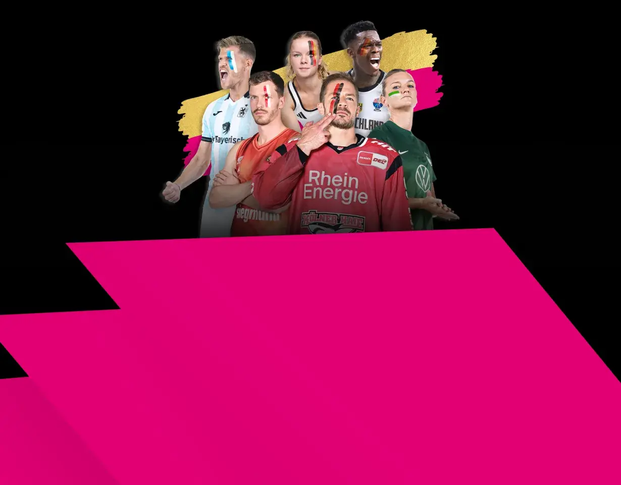 Sechs Athleten unterschiedlicher Sportarten in verschiedenen Vereins- und Nationaltrikots vor schwarzem Hintergrund mit pink-goldenem Pinselstrich.