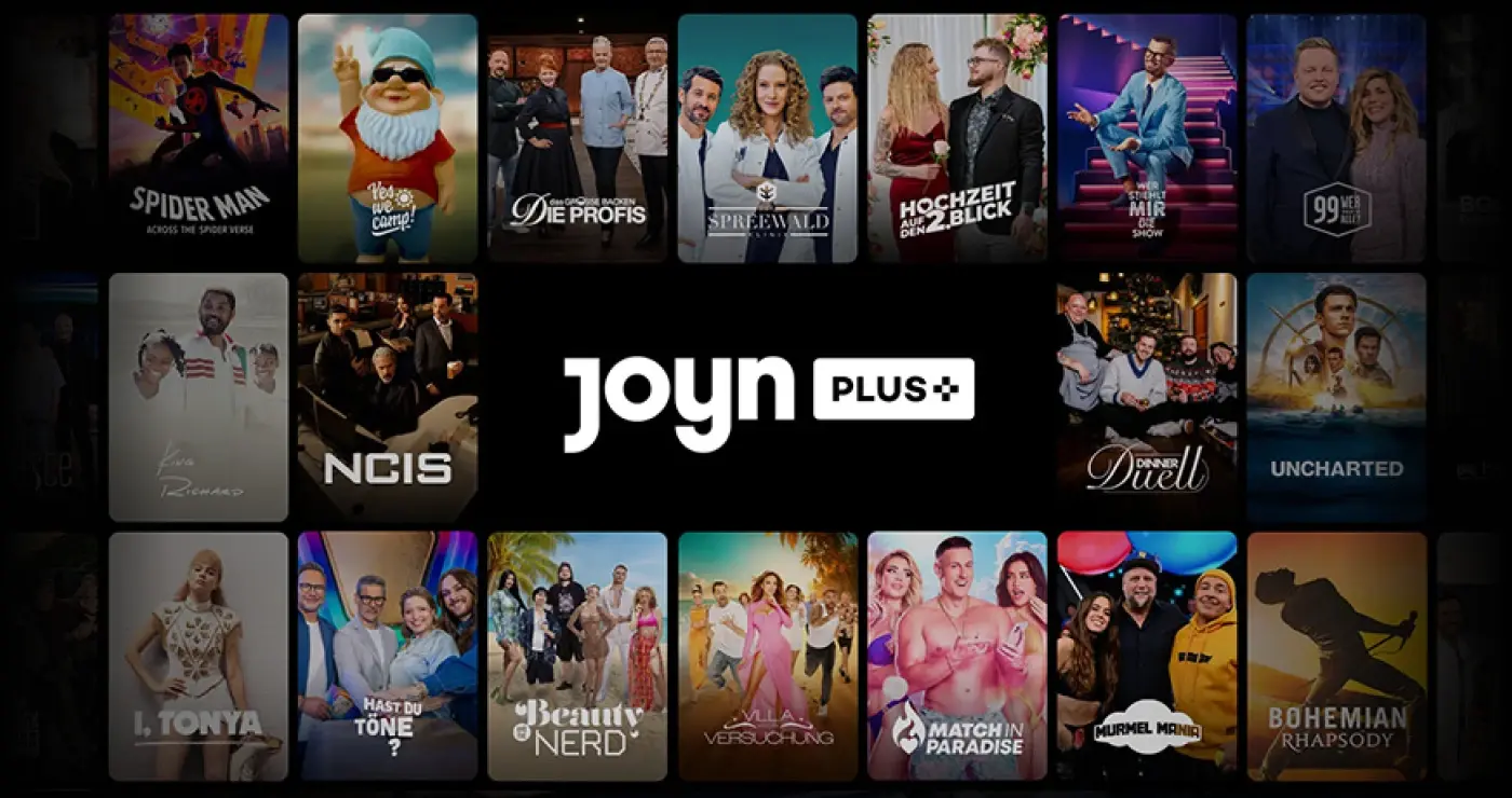 Joyn Plus Logo auf schwarzem Hintergrund.