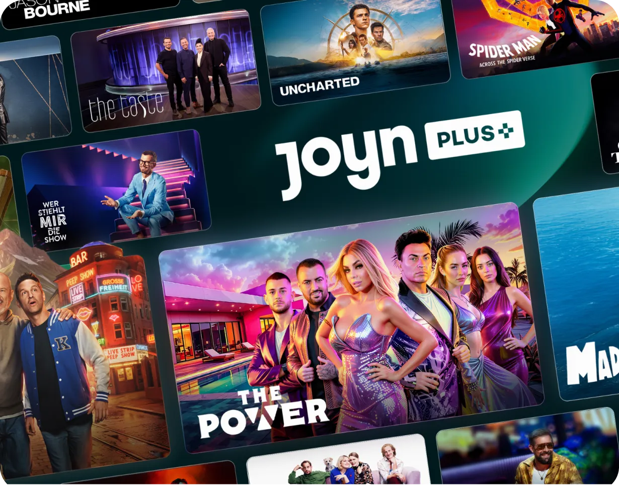 Werbebanner für den Streamingdienst Joyn Plus+: zentrales Joyn‑Logo, umgeben von Kacheln mit Shows und Filmen wie „The Taste“, „Uncharted“, „Spider‑Man: Across the Spider‑Verse“ und „Wer stiehlt mir die Show?“ vor dunklem Hintergrund.