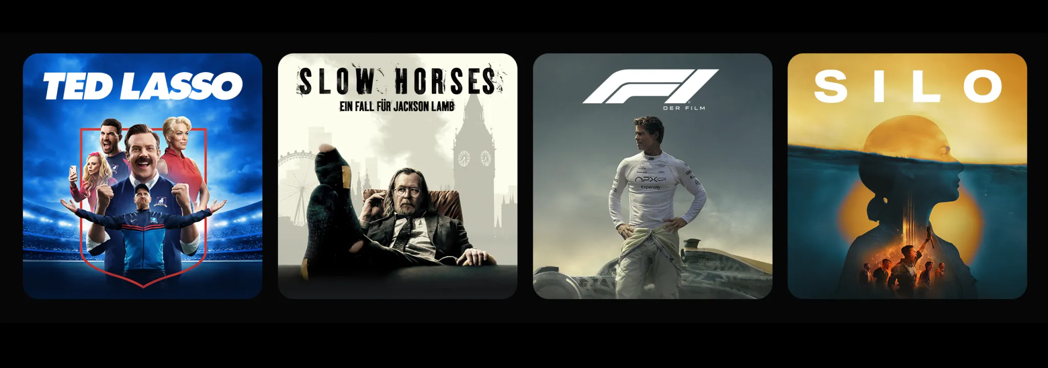 Vier Serienplakate: Ted Lasso, Slow Horses: Ein Fall für Jackson Lamb, F1: Der Film und Silo