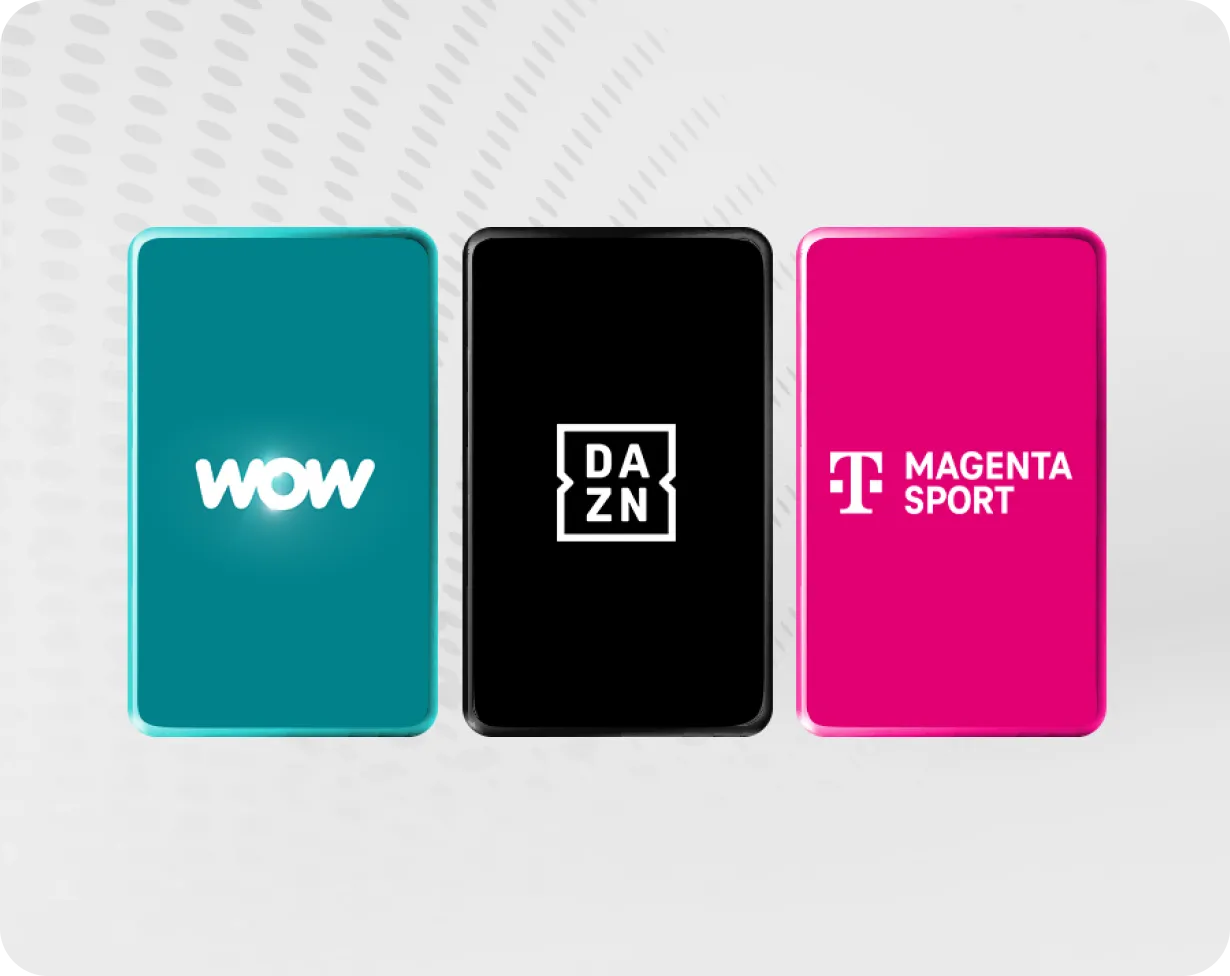 Werbebanner für Sport-Optionen: Drei Smartphones mit WOW Live-Sport, DAZN Super Sports Unlimited und Magenta Sport Logos vor grauem Hintergrund.