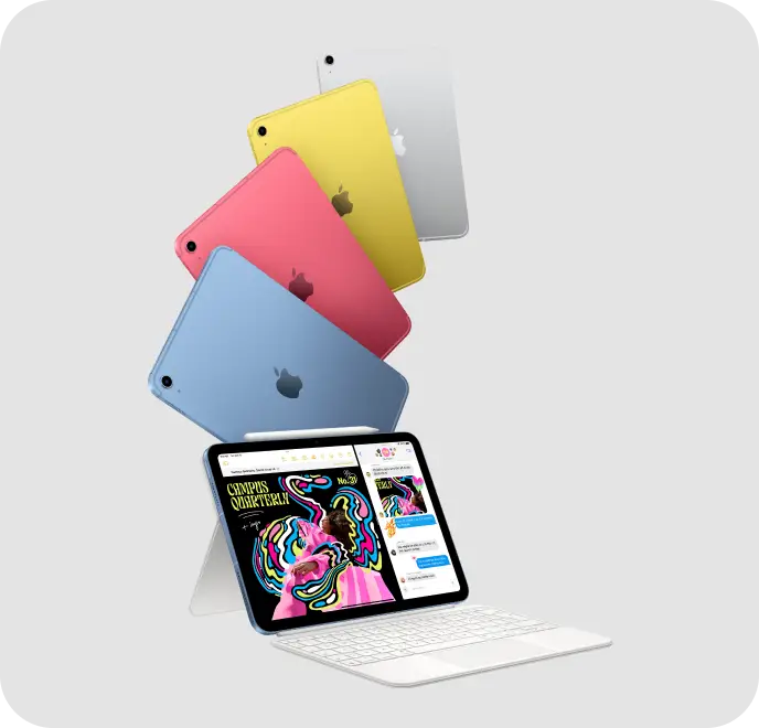 Produktbild mehrerer Apple iPads (2025) A16 in verschiedenen Farben.