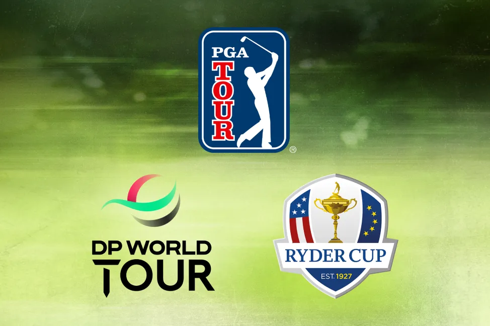 Grüner rasenähnlicher Hintergrund mit Logos von PGA Tour, DP World Tour und Ryder Cup