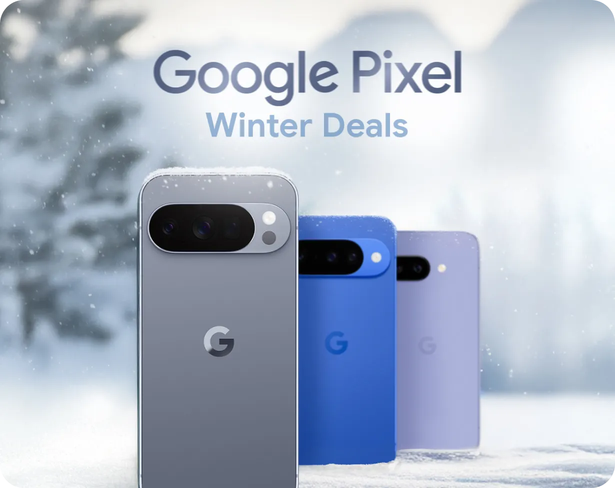 Drei Google-Pixel-Smartphones in Grau, Blau und Violett, mit sichtbarem Kameramodul und Google-Logo vor winterlich verschneitem Hintergrund