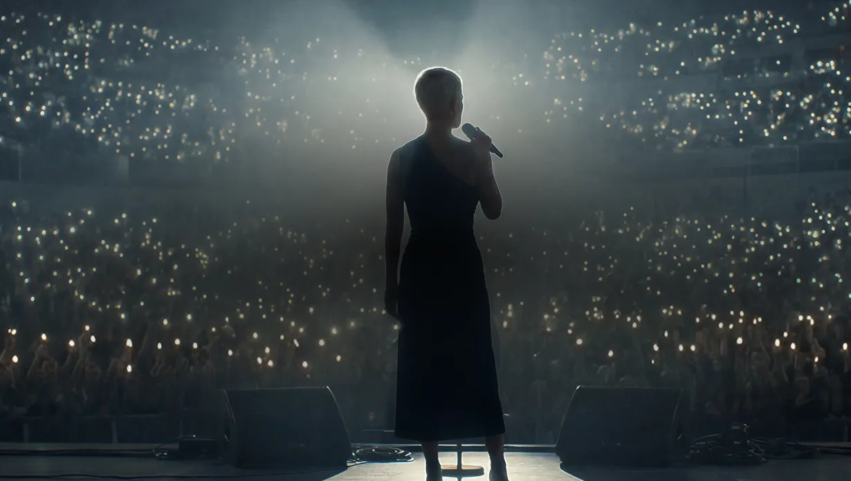 Silhouette einer Performerin auf der Bühne vor großem Publikum mit Lichtern