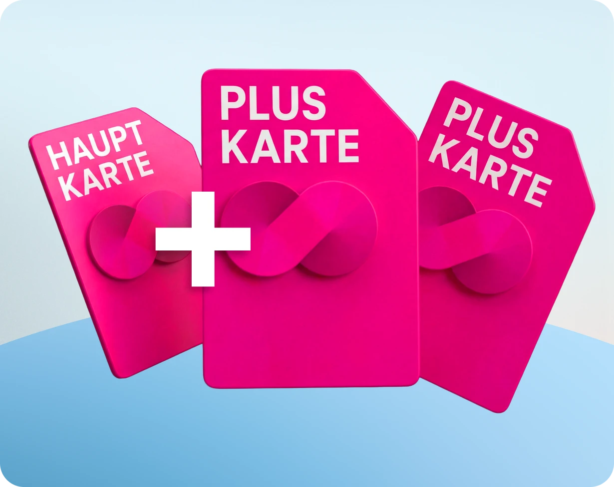 Grafik: Eine Hauptkarte und zwei Pluskarten als magentafarbene SIM-Karten, verbunden durch ein Plus-Symbol.