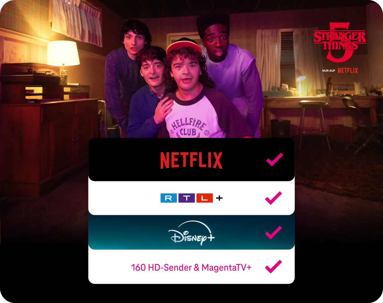 Werbegrafik mit den überrascht schauenden Protagonisten von Stranger Things 5 im Hintergrund. Ein Overlay listet die enthaltenen Dienste auf: Netflix, RTL+, Disney+ sowie 160 HD-Sender & MagentaTV+.