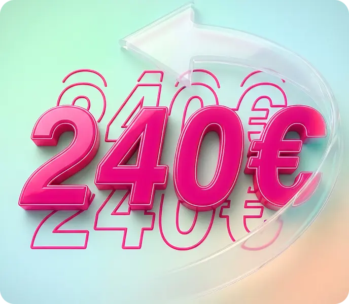 240 Euro Cashback in magentafarbener 3D-Schrift mit Rückzahlungspfeil