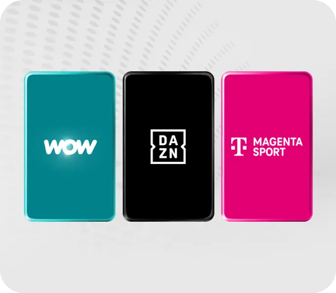 Drei Kacheln mit Logos: WOW, DAZN und MagentaSport.