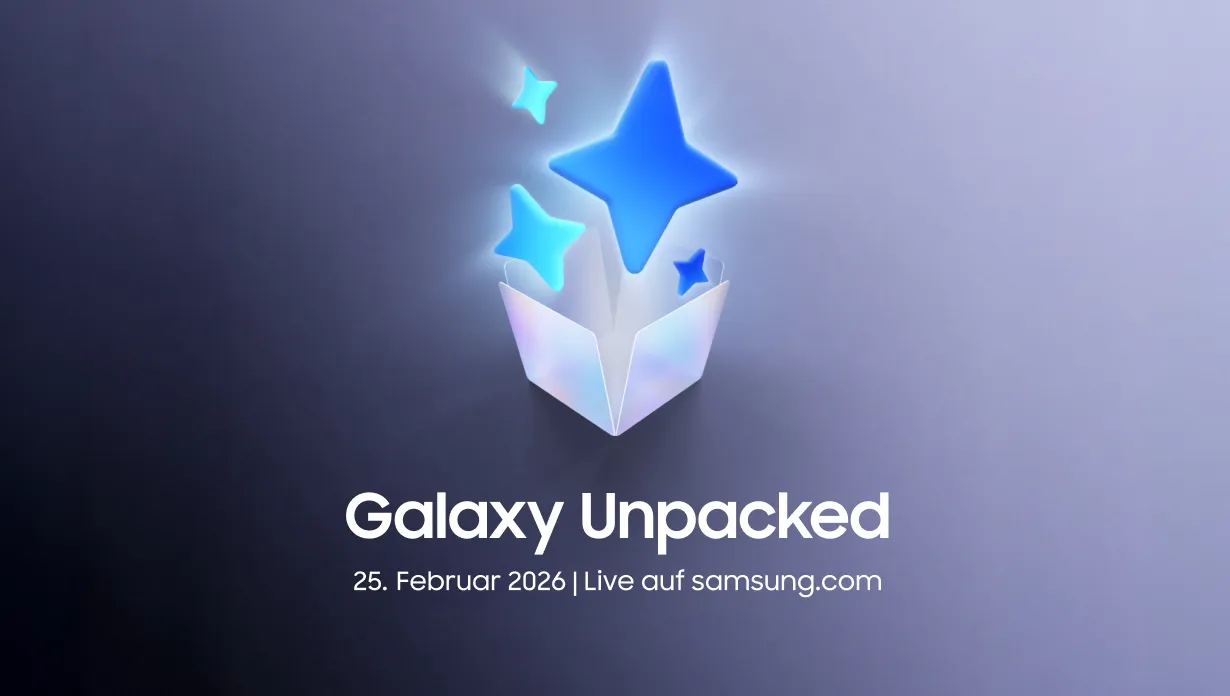 Unpacked am 25. Februar 2026, live auf samsung.com. Eine Illustration zeigt leuchtende blaue Sterne, die aus einer geöffneten Box aufsteigen.