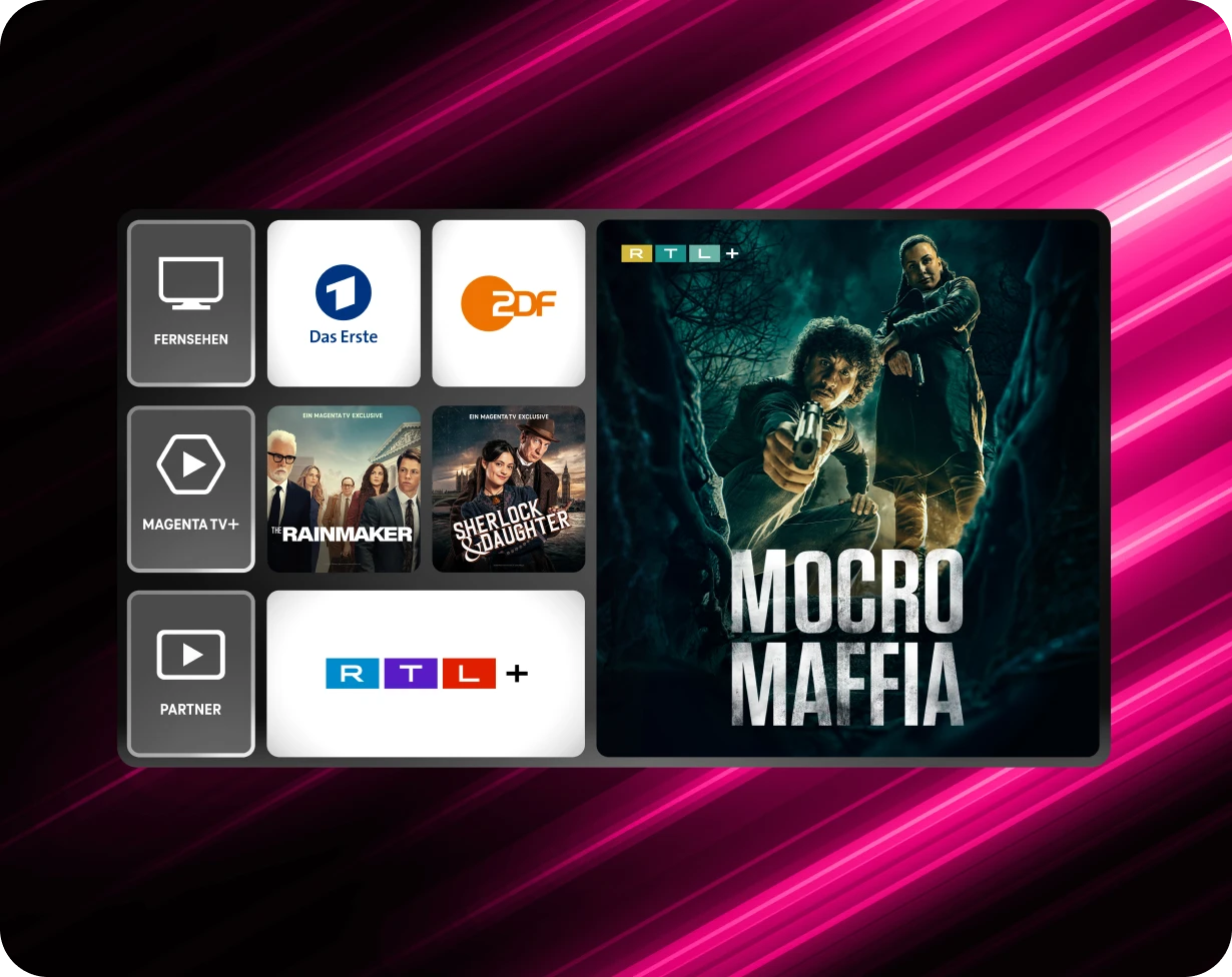 Magenta TV Benutzeroberfläche mit Logos von Das Erste, ZDF und RTL+ sowie Vorschaubildern der Serien Mocro Maffia, The Rainmaker und Sherlock & Daughter