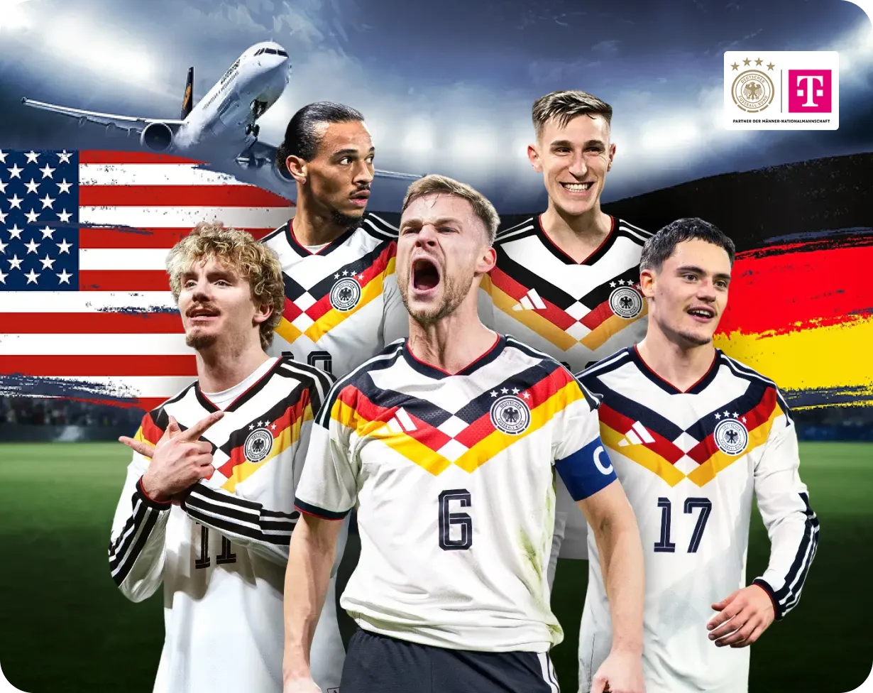 Fünf deutsche Nationalspieler in weißen Trikots vor Stadionkulisse, mit US-Flagge links und Deutschlandflagge rechts.