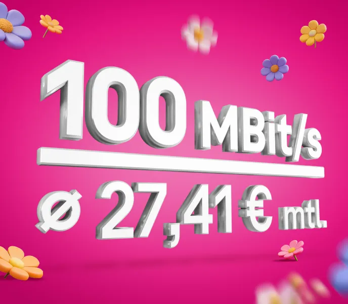 Werbegrafik auf magenta Hintergrund mit kleinen Blumen: 100 MBit/s, darunter Preis Ø 27,41 € mtl.