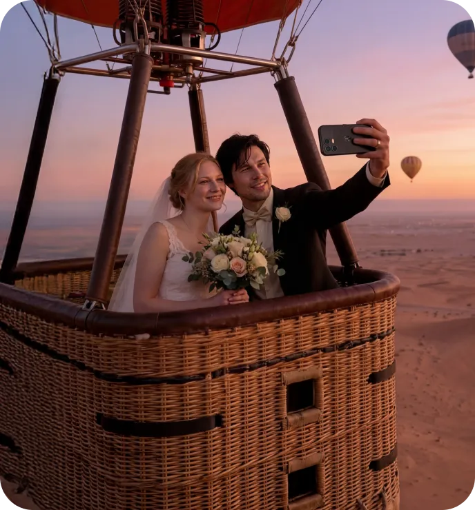 Paar im Heißluftballon mit Smartphone vor Wüstenlandschaft bei Sonnenuntergang.