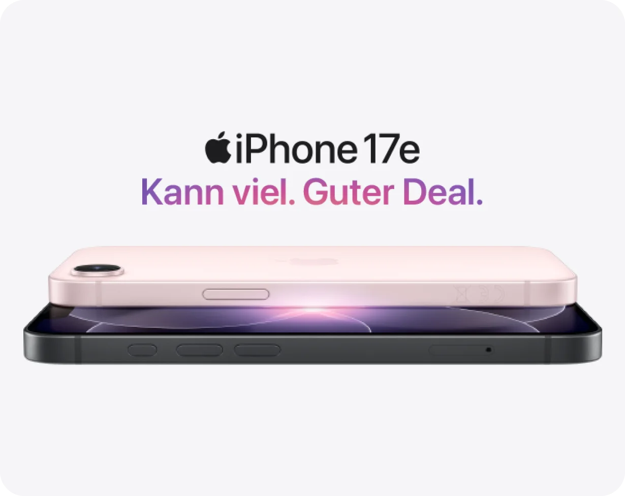 iPhone 17e. Kann viel. Guter Deal. Abbildung eines rosa und eines schwarzen iPhones.