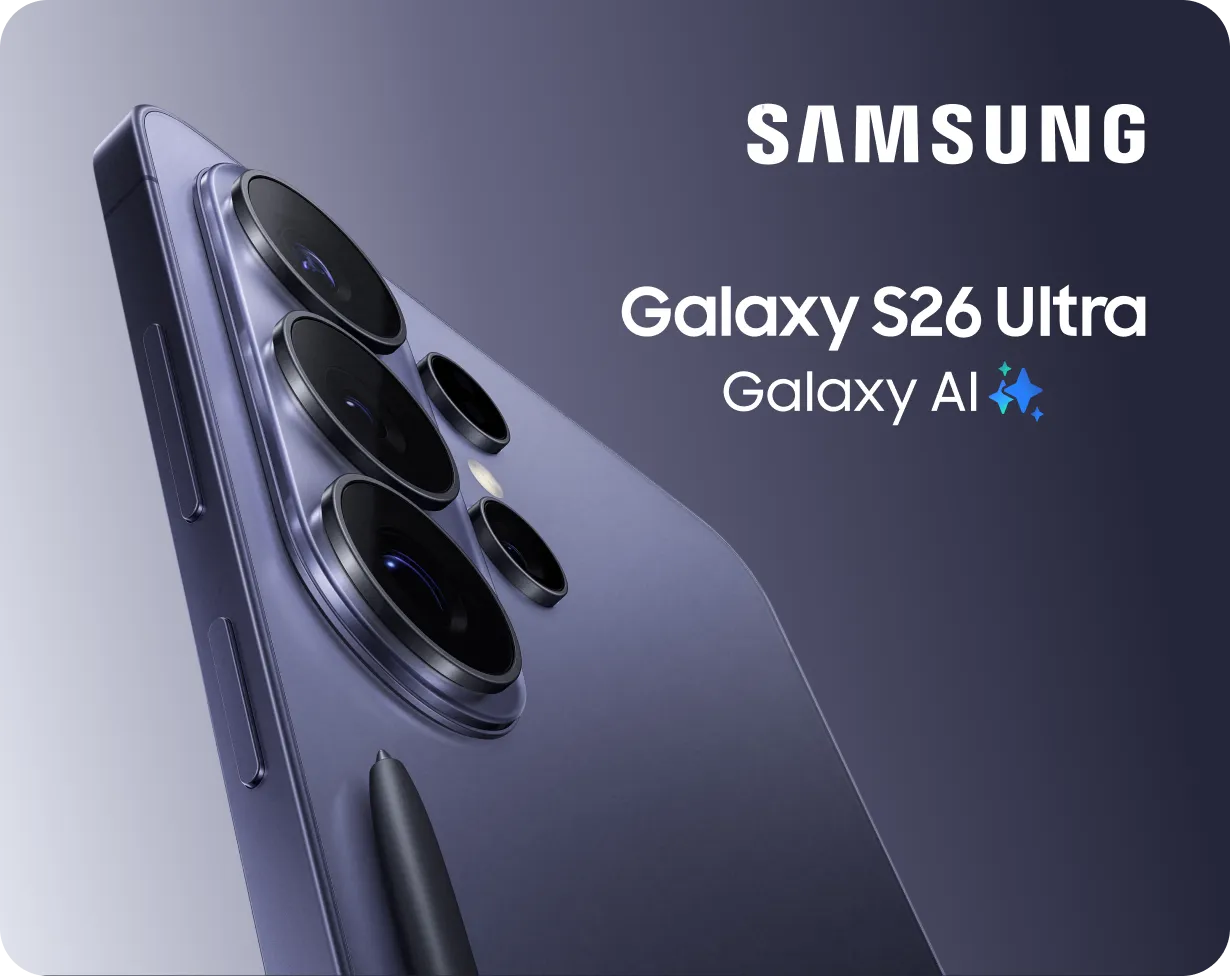 Samsung Galaxy S26 Ultra mit Kameramodul, daneben der Schriftzug Galaxy AI