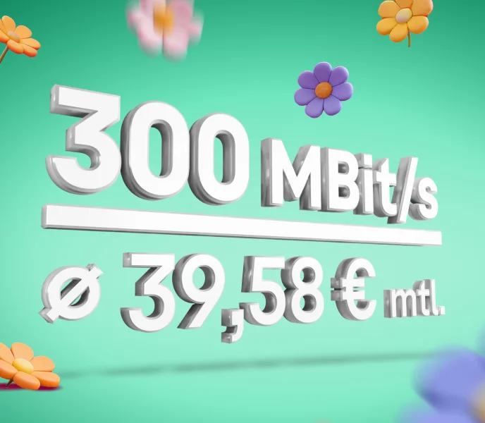 Werbegrafik auf pinkem Hintergrund mit kleinen Blumen: 300 MBit/s, darunter Preis Ø 39,58 € mtl.