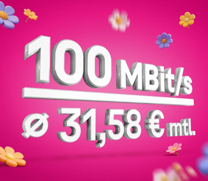 Werbegrafik auf magenta Hintergrund mit kleinen Blumen: 100 MBit/s, darunter Preis Ø 31,58 € mtl.
