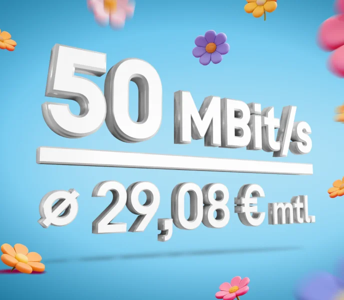 Werbegrafik auf pinkem Hintergrund mit kleinen Blumen: 50 MBit/s, darunter Preis Ø 29,08 € mtl.
