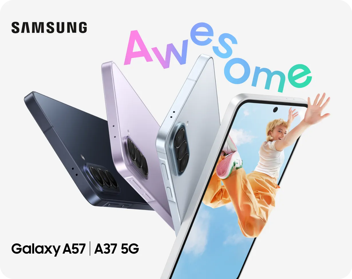 Samsung-Werbegrafik für Galaxy A57 und A37 5G: drei Smartphones in verschiedenen Farben, dazu ein Handy mit Person auf dem Display und der Schriftzug „Awesome“.