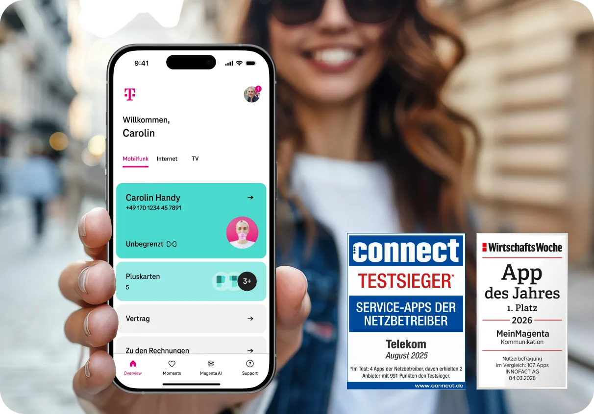 Handy mit offener Mein Magenta App, App des Jahres 2026 Wirtschatfs Woche & Connect Testsieger Service App der Netzbetreiber