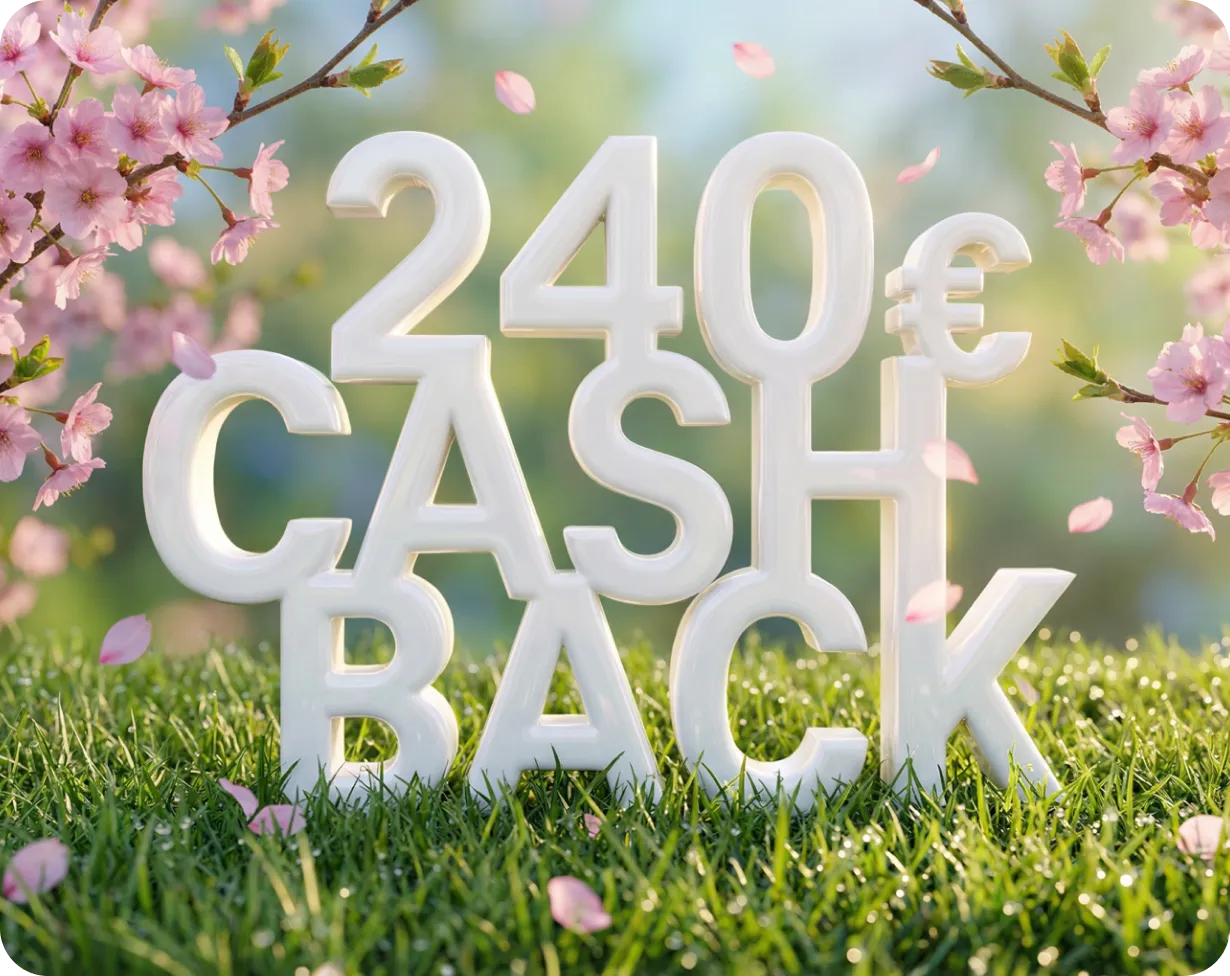 „240 € Cashback“ zwischen Blumen auf einer Wiese.