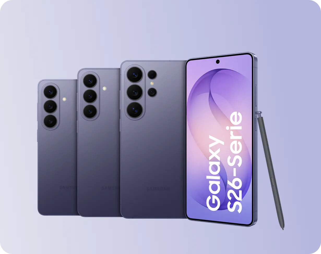 Samsung Galaxy S26-Serie mit vier Geräten und Eingabestift.