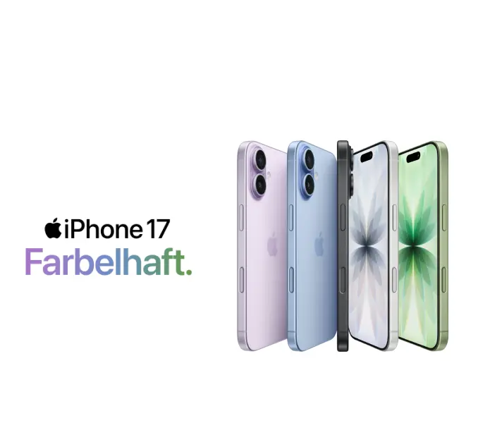 Produktbild eines Apple iPhone 17 Smartphones, in mehreren Farben.