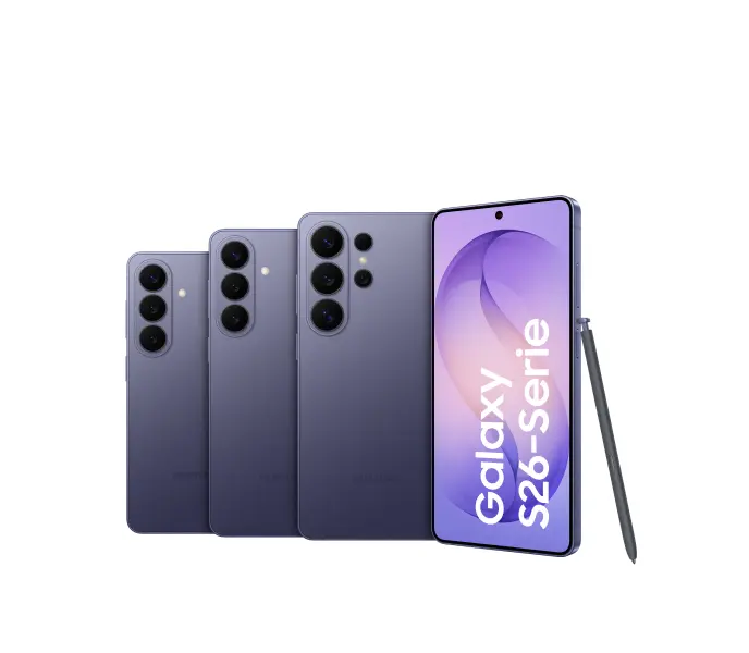 Produktbild der Samsung Galaxy S26 Varianten, Samsung Galaxy S26, Samsung Galaxy S26 Plus und Samsung Galaxy S26 Ultra.